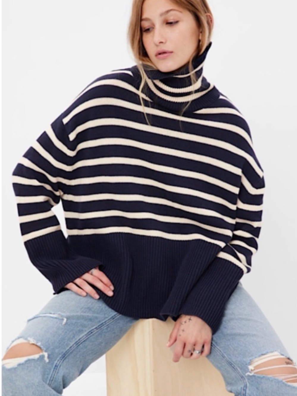 GAP Navy and Cream Striped Turtleneck Sweater